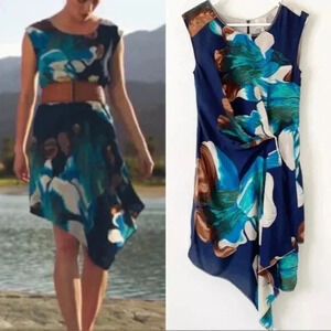 Anthropologie Coquille 100% Silk Floral Cocktail Asymmetrical Dress Size 4 XS